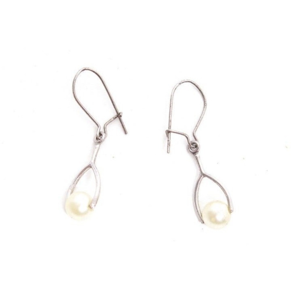 Vintage Wishbone Pearl Drop Silver Earrings‎
